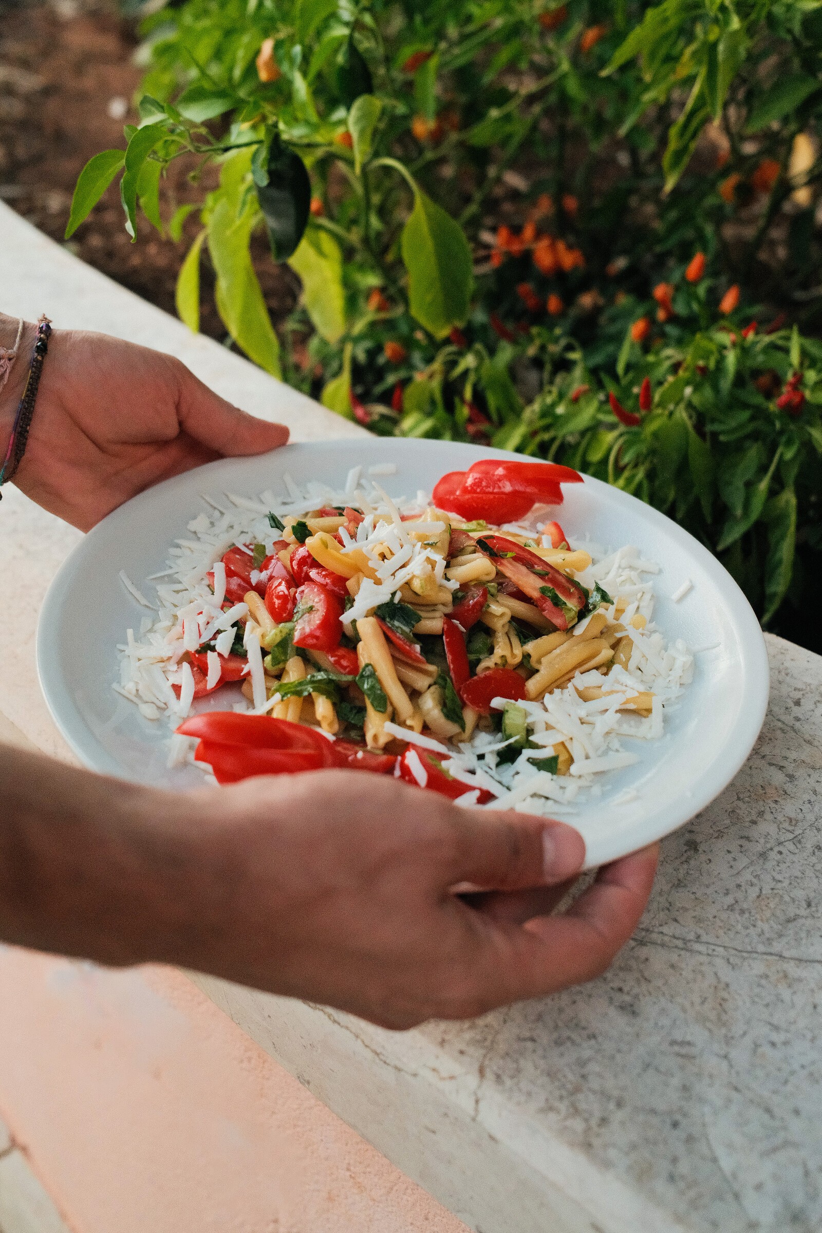 Piatto di pasta servito in giardino